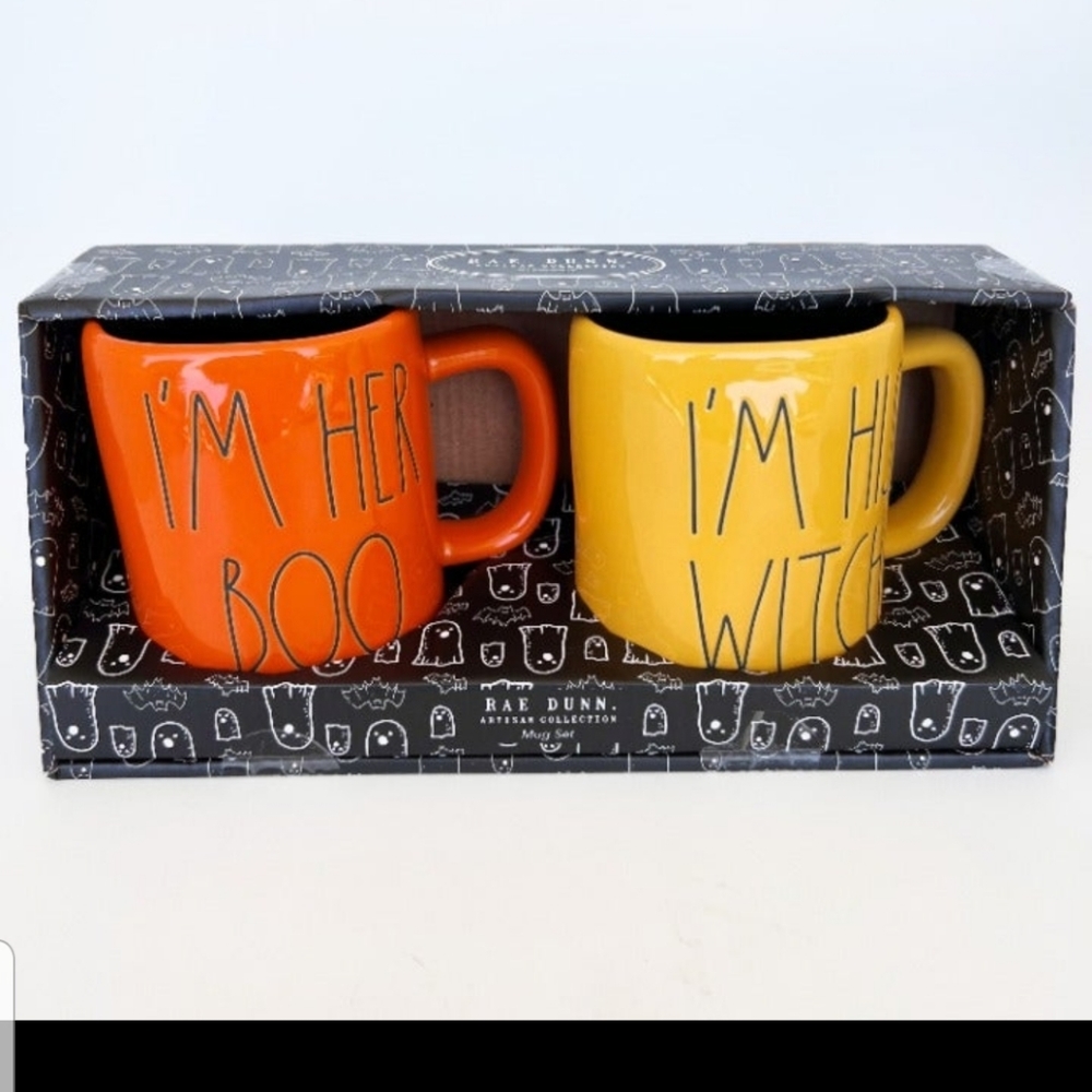 Rae Dunn 2 piece Mug gift set I'm Her Boo His Witch coffee mug cup Halloween